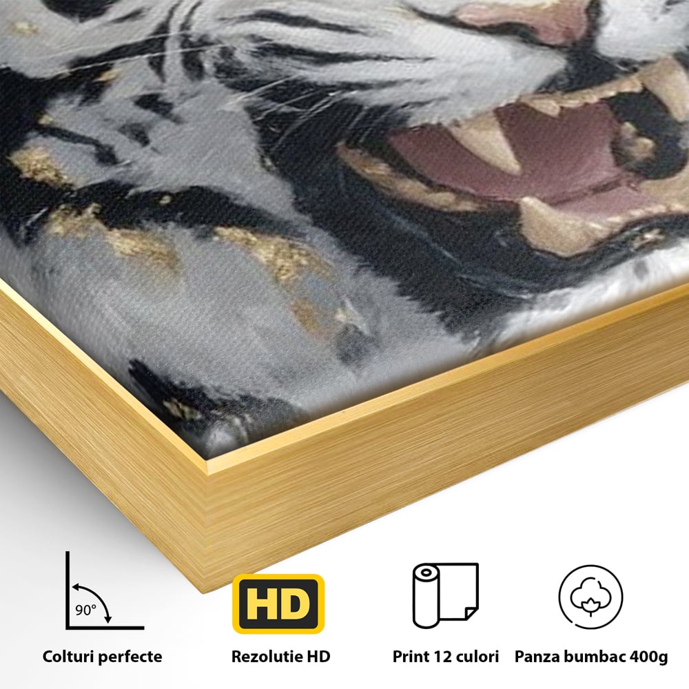 Detaliu al suprafetei: tablou canvas cu tigru alb si auriu, in rama de aluminiu auriu